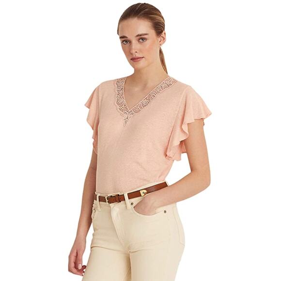 NWT Lauren Ralph Lauren Jersey Flutter-Sleeve Top – Pale Pink – Petite Large - Picture 1 of 9